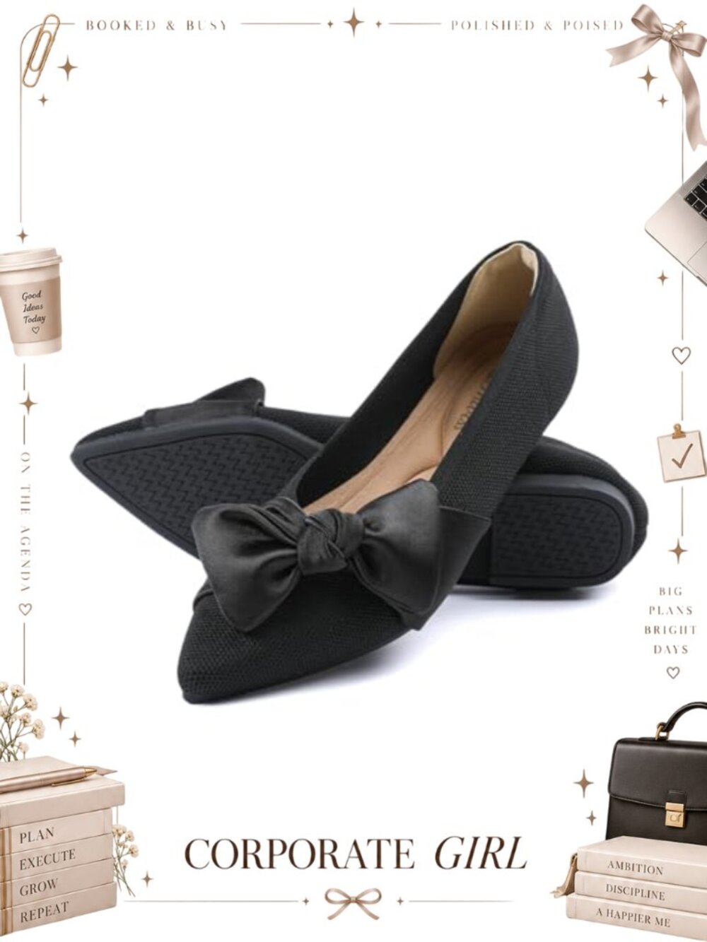 Women's Pointed Toe Ballet Flats with Bow Mesh Memory Foam Comfort Dressy Shoes